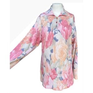 Gabriella T Italy Floral Knit Polo Sweater M Pink Orange Blue Vintage Retro 90s